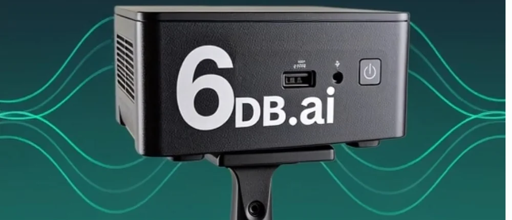 The 6dB.ai De-Feedback processor, a compact SNUC mini PC, mounted on a stand ready to patch into a church sound system